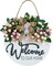 3D Spring Summer Welcome Wreaths for Front Door, Wood Door Hanger,Floral Porch Decor,Wall Plaque, Pink Flower Wreath,Farmhouse White Welcome Sign